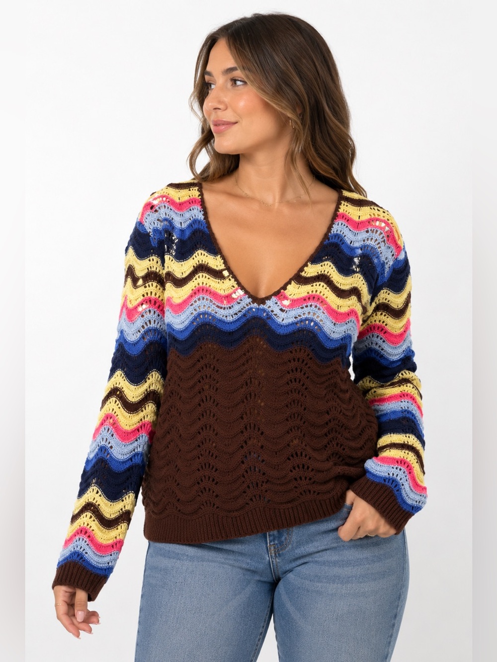 Y2K Does 60s/70s Crochet Zig Zag V-Neck Sweater (Brown/Multi) Size L